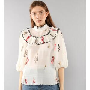 Ganni Pleated Ruffled Cream Floral Lowell Blouse Shirt Size 36 US 4